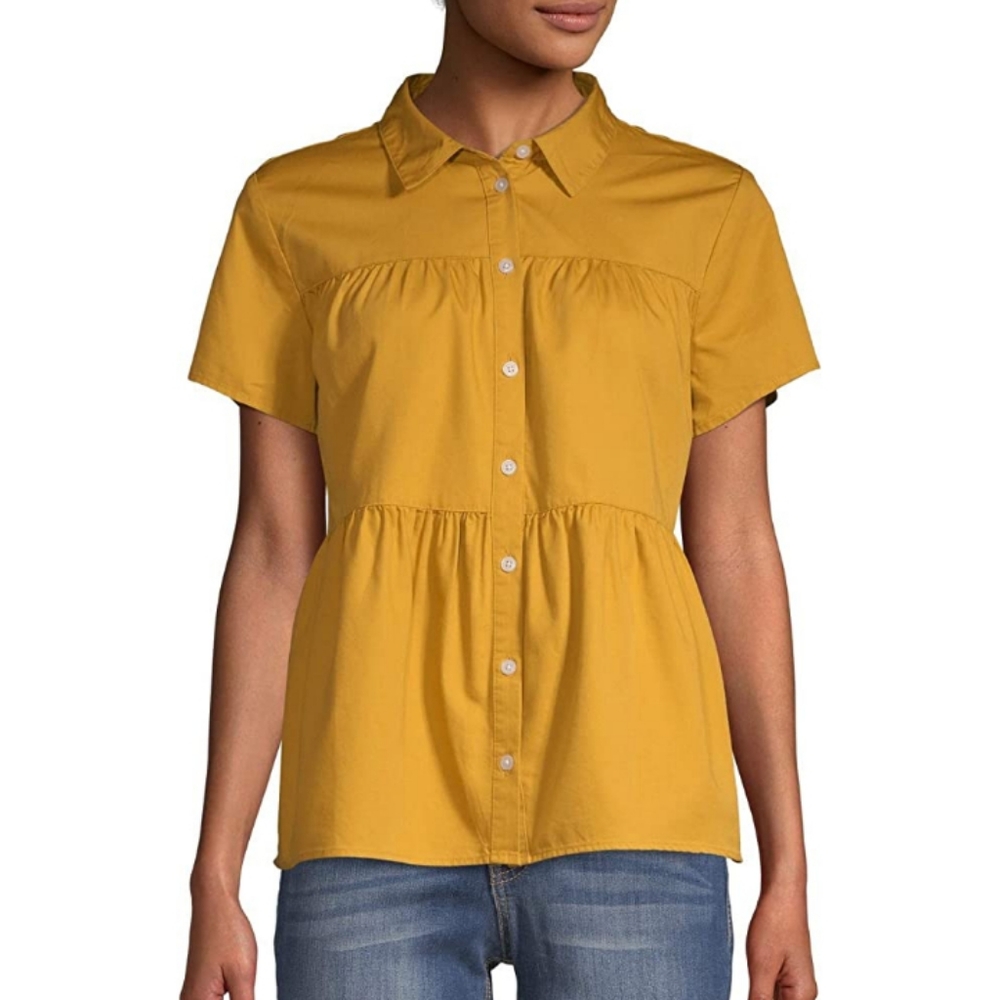 Time & Tru Mustard Yellow Chambray Tiered Button Up Front Peplum Collared Top